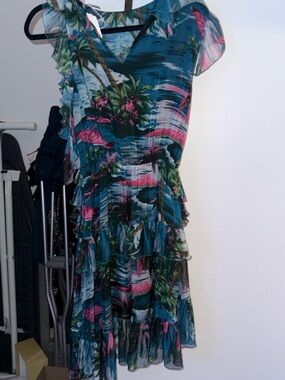 MSGM Teal Tropical Ruffle Midi Dress with Pink Accents